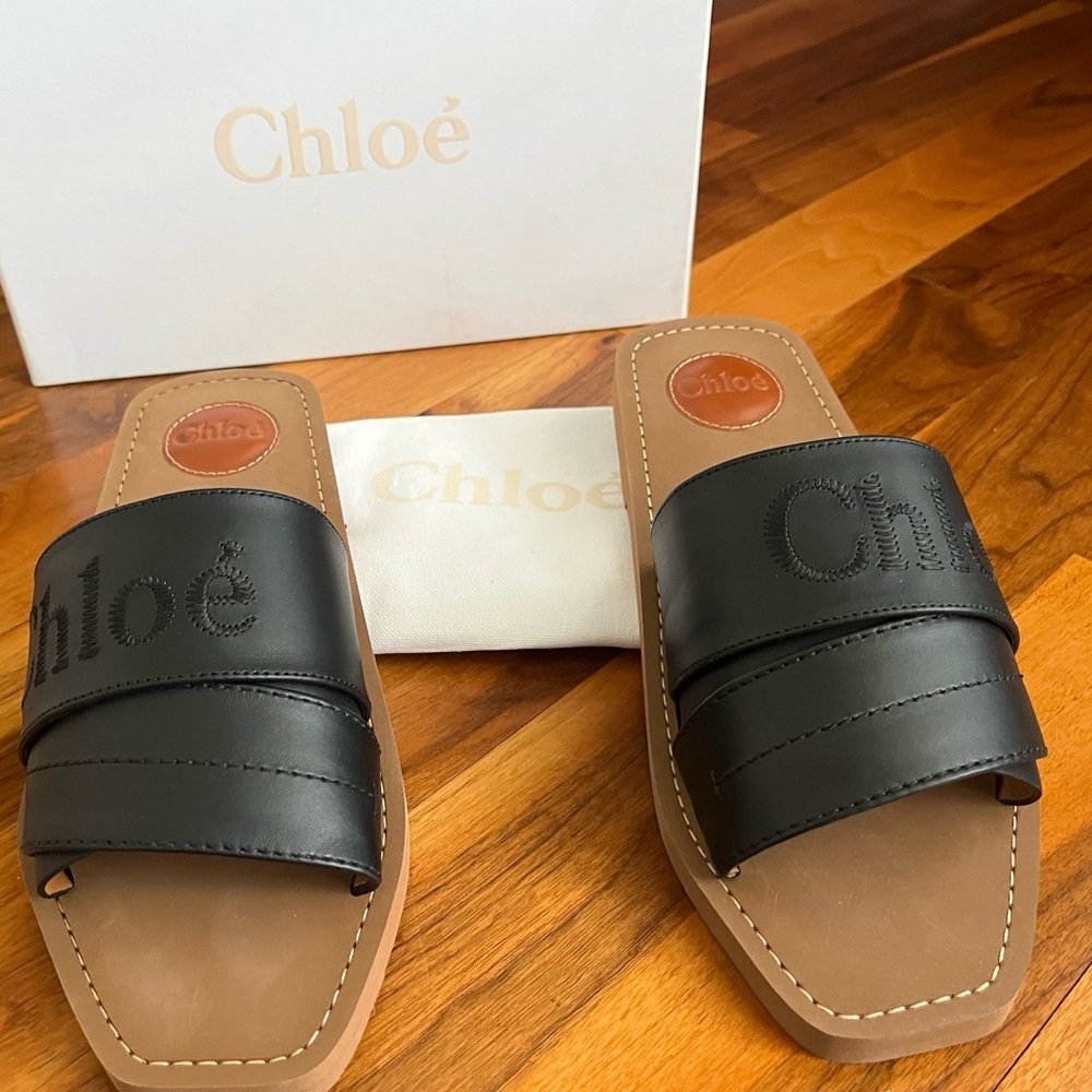 Chloe Woody Logo Leather Strap Slides Sandals size 40, NEW - Picture 14 of 14